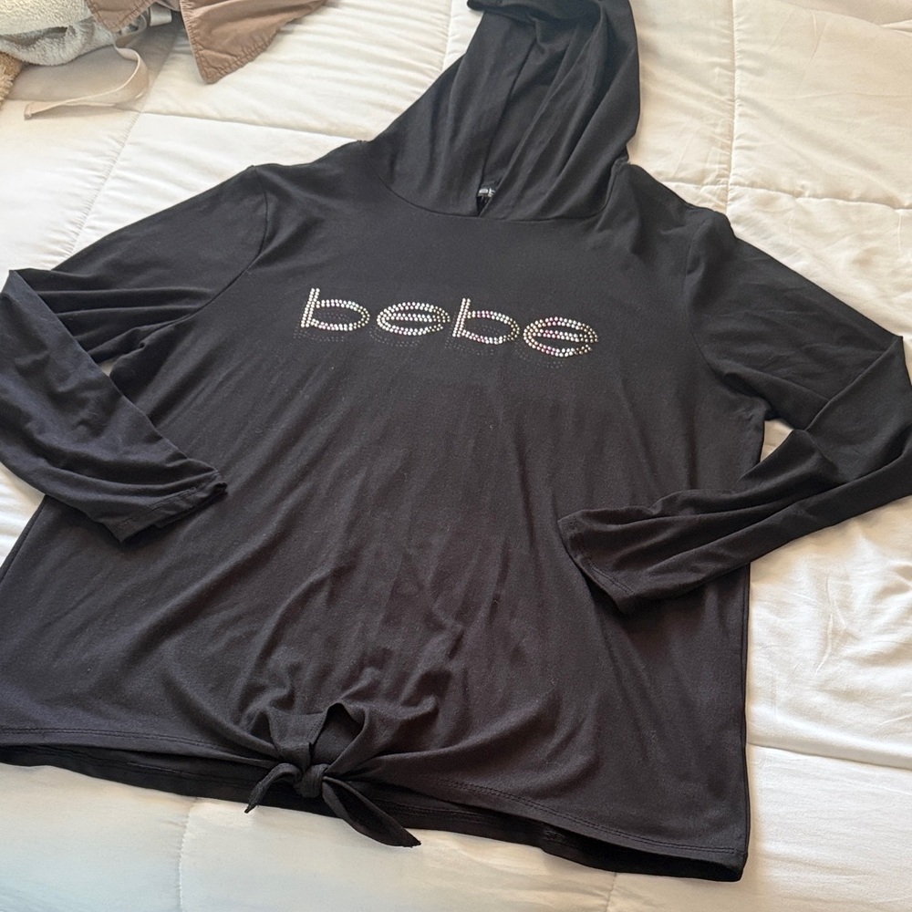 Bebe Black Hooded Top with Rhinestone Logo